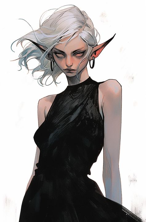 black dress, horror comics, monochromatic minimalist portrait Evil Female Character Design, Monochromatic Minimalist, Black Elf, Elf Cartoon, Dnd Elves, Minimalist Portrait, Goth Art, D&d Dungeons And Dragons, Horror Comics