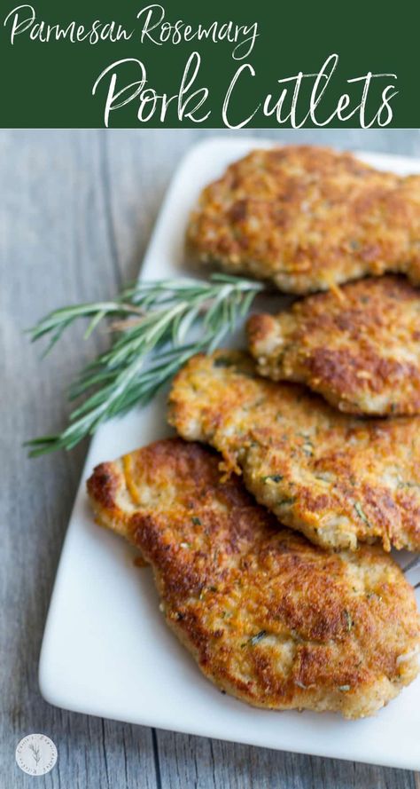 Parmesan Rosemary Pork Cutlets made with Italian flavored breadcrumbs, grated Parmesan cheese and fresh rosemary. #porkcutlets #pork Pork Sirloin Cutlets Recipe, Baked Pork Cutlets, Pork Cutlet Recipes, Veal Recipes, Pork Schnitzel, Pork Chop Recipes Baked, Pork Loin Chops, Pork Cutlets, Pork Tenderloin Recipes