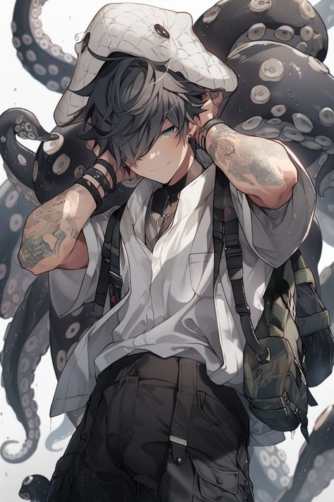 Character With Tentacles, Tentacles Character, Dragon Anime Guy, Animated Man, Anime Boy Sketch, Deep Art, 캐릭터 드로잉, Cool Anime Guys, Anime Shadow