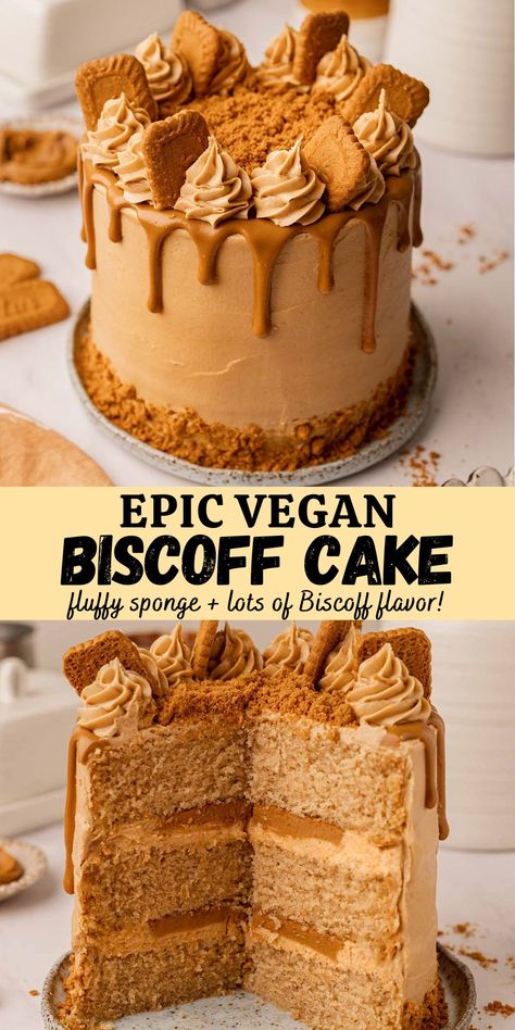 Indulgent vegan Biscoff cake made with layers of fluffy Biscoff sponge cakes, and a rich Biscoff buttercream! This epic dessert has lots of Biscoff flavor (we're using more than 1 jar) and is perfect for any time of the year. Biscoff Layer Cake, Vegan Biscoff Cake, Vegan Biscoff Recipes, Biscoff Cake Recipe, Vegan Apple Bread, Easy Lemon Loaf, Biscoff Buttercream, Berry Cake Recipe, Lemon Loaf Recipe