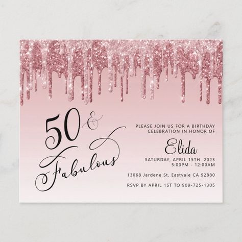 Pink Invite, 60th Birthday Party Invitations, Birthday Glitter, 50th Birthday Party Invitations, Glitter Rose Gold, Birthday Party Design, 50th Birthday Invitations, Ombre Pink, 70th Birthday Parties