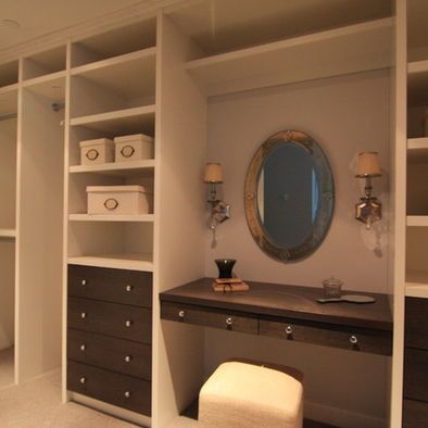 Closet Makeup Vanities In Walk In Closets Design, Pictures, Remodel, Decor and Ideas - page 2 Walk In Closet With Vanity, Closet Makeup Vanity, Makeup Vanity In Closet, Trendy Vanity, Closet Remodel Diy, Closet With Vanity, Bathroom Closet Designs, Vanity Diy, Small Walk In Closet