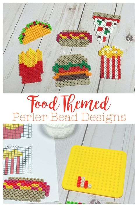 6 food themed Perler Bead/fuse bead designs includinf a taco, hamburger, hot dog, french fries, pizza, and popcorn. Taco Hamburger, Perler Bead Designs, Melty Bead Designs, Pony Bead Projects, Melty Bead Patterns, Easy Perler Beads Ideas, Fuse Bead Patterns, Perler Art, Diy Perler Bead Crafts