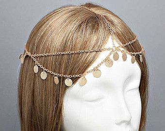 Bohemian Gold Coin Double Layer Head Chain Headpiece, Grecian headchain, House Of Harlow Style Gypsy head jewelry, Wedding Haadchain Head Chain Jewelry, Head Chains, Bohemian Headpiece, Bride Hair Pins, Chain Headpiece, Headpiece Jewelry, Head Wrap Headband, Bridal Hair Jewelry, Hair Adornments