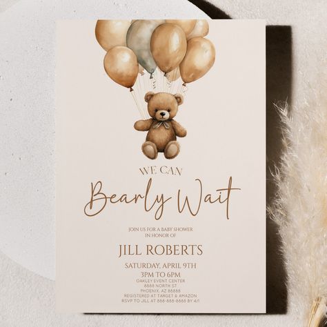 Bday Decor, Teddy Bear Baby Shower Invitations, Bear Baby Shower Theme, Bear Balloon, We Can Bearly Wait, Bear Invitations, Boho Baby Shower Invitations, Bearly Wait