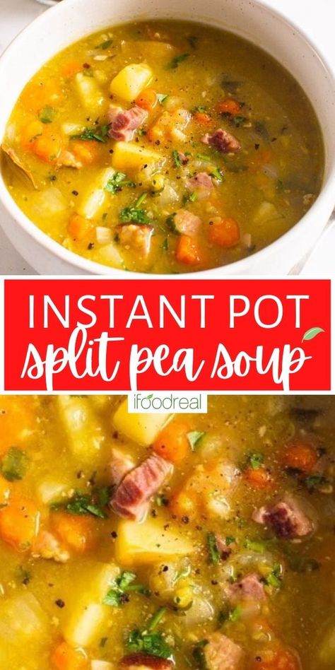 Comforting Instant Pot Split Pea Soup is brimming with flavour, budget friendly, and easy to make! It's hearty, protein-rich, and comforting, made with split peas, ham or soup bones, and fresh veggies in a fraction of the time without any presoaking! Split Pea Ham Soup, Instant Pot Split Pea Soup, Instant Pot Split Pea, Split Pea Soup Crockpot, Yellow Split Pea Soup, Delicious Crockpot Recipes, Healthy One Pot Meals, Split Pea Soup Recipe, Pea And Ham Soup