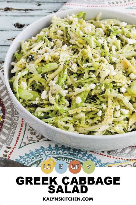 This delicious Greek Cabbage Salad with fresh thyme, Greek Peperoncini, and creamy Feta cheese is a great low-carb salad any time of year. If you enjoy Greek flavors, I promise you'll swoon over this salad! [found on KalynsKitchen.com] #KalynsKitchen #LowCarbGreekCabbageSalad #GreekCabbageSalad #SpicyCabbageSalad Greek Cabbage, Greek Grilled Chicken, Cabbage Salad Recipes, Lo Carb Recipes, Creamy Feta, Meatless Main Dishes, Greek Flavors, Low Carb Salad, Best Salad Recipes