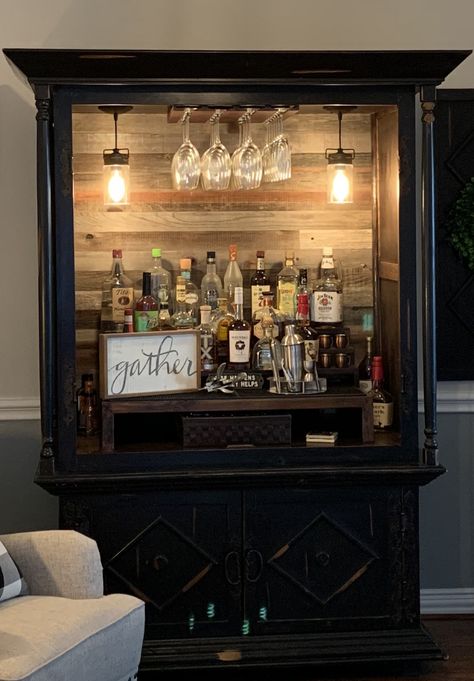 Bar made from a repurposed hutch. Home Bar China Cabinets, Buffet Into Bar Repurposed, Dresser As Bar, Bar Ideas From Old Furniture, Liquor Cabinet Armoir, Tv Cabinet Turned Into Bar, Armoire Liquor Cabinet, Armoire Bar Diy, China Cabinet Bar Ideas