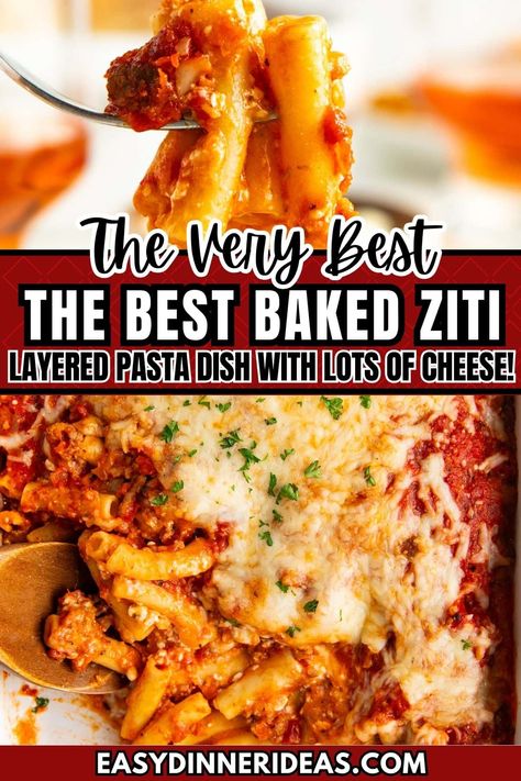 This cheesy baked ziti recipe is classic Italian-American comfort food. Layers of tender ziti noodles, a meaty Italian sausage sauce, and creamy cheese make this a true family favorite. Perfect make ahead dish for family dinners, potlucks, and holiday get-togethers! Homemade Ziti, Baked Ziti With Homemade Sauce, Easy Ziti Recipes, 3 Cheese Baked Ziti, Baked Ziti Pioneer Woman, Easy Baked Ziti With Italian Sausage, Baked Ziti For A Large Crowd, Baked Ziti For 2, Make Ahead Pasta Bake