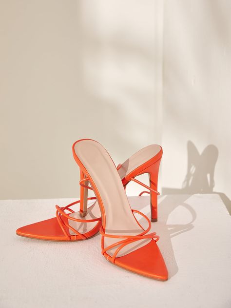 Orange Funky Collar   Plain Strappy Embellished   Women Shoes Chiffon Dress Long Sleeve, Orange Sandals, Block Heel Mules, Clear Block Heels, Chiffon Dress Long, Student Fashion, Ankle Bones, Leg Design, Shoes Uk