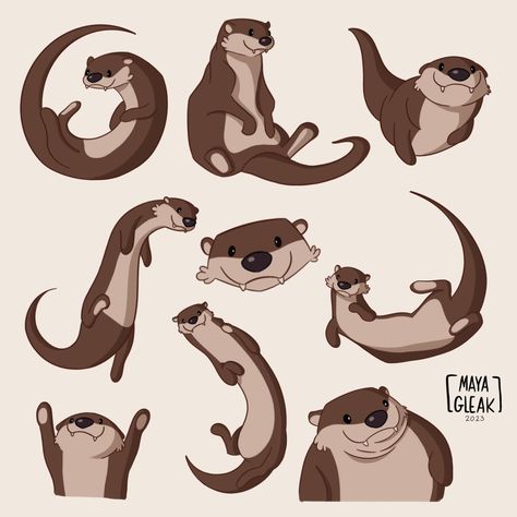 Otter Art Reference, Sea Otters Drawing, Otter Anatomy Drawing, Otter Holding Rock, Simple Otter Drawing, Cartoon Otter Drawing, Otter Swimming Drawing, How To Draw Otter, Otter Animation