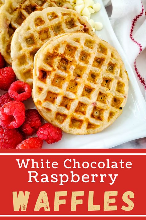 White Chocolate Raspberry Waffles Raspberry Waffles, Egg Brunch Recipes, Chocolate Chip Waffles, Dessert Waffles, Waffle Ingredients, Raspberry Desserts, Chocolate Waffles, Homemade Waffles, Breakfast Waffles