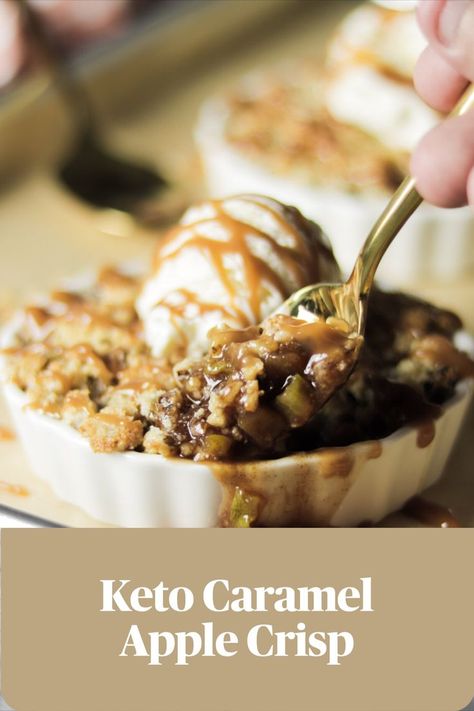 Keto Caramel Apple Crisp by Chef Michael Keto Caramel, Caramel Apple Crisp, Caramel Desserts, Guilt Free Dessert, Apple Filling, Keto Cooking, Caramel Apple, Apple Crisp, Fall Holidays