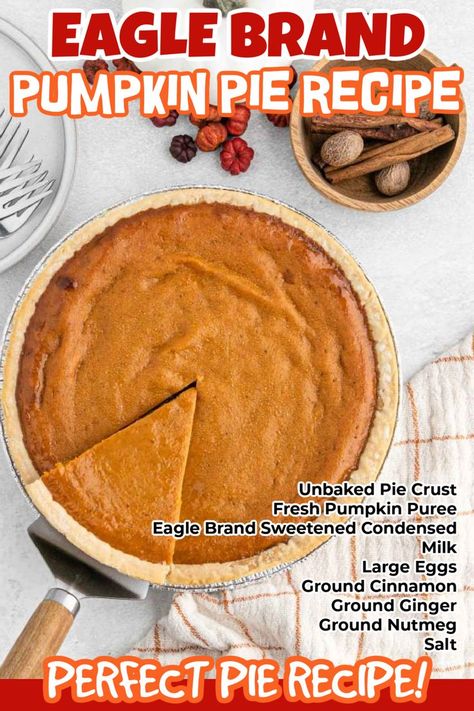 If you are looking for the perfect pumpkin pie recipe, make this Eagle Brand Pumpkin Pie. It is the perfect pie to make this Thanksgiving. This delicious and simple ingredient pie is just what you need to make this holiday season. The creamy custard pumpkin pie filling makes it a family favorite. #eatingonadime #eaglebrandpumpkinpie #pumpkinpie Eagle Brand Pie, Eagle Brand Pumpkin Pie, Eagle Brand Recipes, Pumpkin Pie Ingredients, Best Pumpkin Pie Recipe, Perfect Pumpkin Pie, Pie Filling Recipes, Pumpkin Recipes Easy, Best Pumpkin Pie