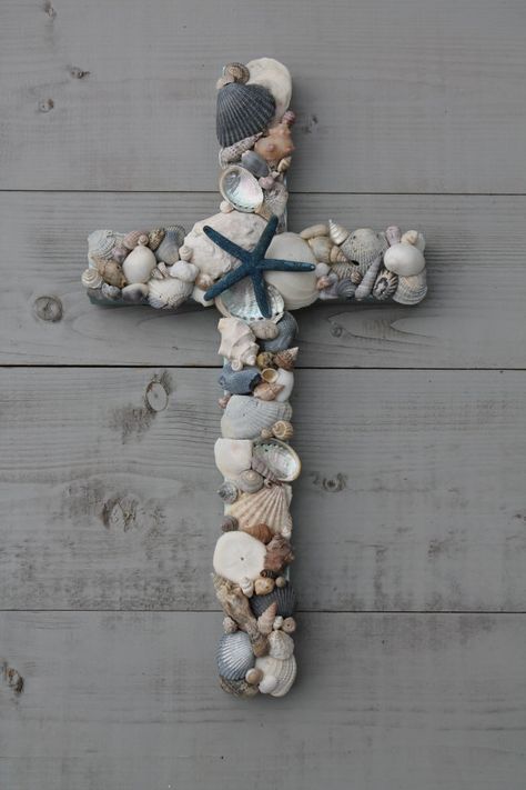 Seashell Wooden Cross/Beach Decor by MyHoneypickles Seashell Cross, Shell Projects, Women's Retreat, Beach Bathroom, Wedding Cross, Wooden Crosses, Cross Wall, Beach Room, Wooden Cross