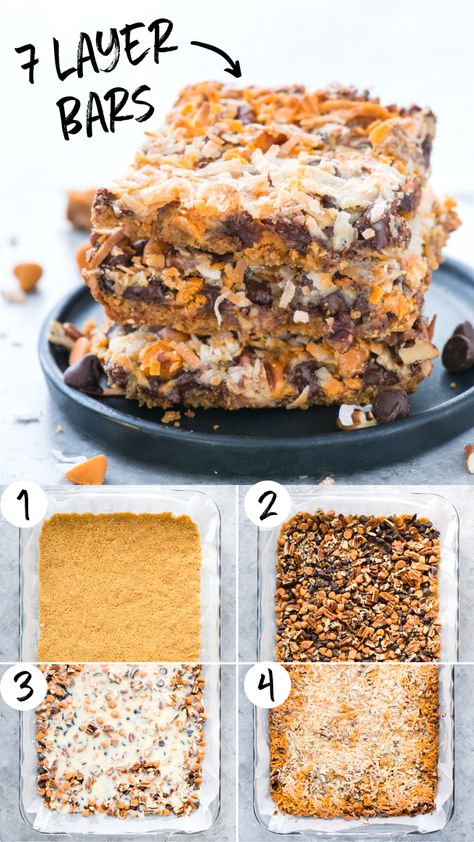 7 layer bars are a classic dessert that’s made with a graham cracker crust then layered with chocolate chips, butterscotch chips, nuts, sweetened condensed milk and shredded coconut. Recipe includes 8 substitutions so you can make these magic bars or hello dolly bars exactly how you like them! #7layerbars #magicbars #hellodollybars Dolly Bars, Hello Dolly Bars, Magic Bars Recipe, Seven Layer Bars, 7 Layer Bars, Coconut Recipe, Mouthwatering Desserts, Easy Brownie, Magic Cookie Bars