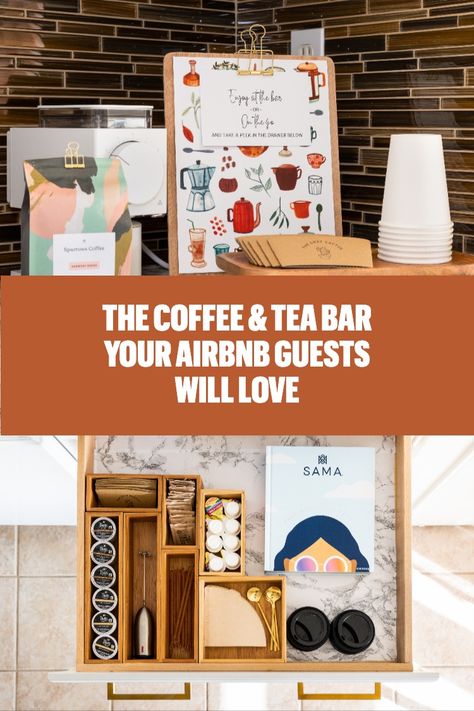 A colorful craft coffee bar is a rare find in an Airbnb property. Give that countertop a splash of color using the artfully packaged Sparrows Coffee, intriguing collection of Sama specialty teas and eye catching signage. #coffeebar #coffeetea #airbnb #airbnbdesign #airbnbcoffeeideas Coffee Tea Bar Ideas, Colorful Airbnb, Tea Bar Ideas, Airbnb Property, Craft Coffee, Olive Jar, Airbnb Design, Tea Bar, Sparrows