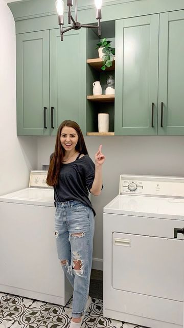 C A I T L I N on Instagram: "Laundry room cabinet breakdown 🔨 2 x Ikea cabinets = $57 (As is section 50% off) 4 x Ikea door fronts = $136 1 x Ikea shelf = $12 (As is section 50% off. This was used as the large header) Ikea sektion rail (to hang cabinets) = $15 Crown moulding = $34 BIN Zinsser Shellac primer = $18 Benjamin Moore Advance paint (Cushing green) = $75 Amazon pulls = $18 Total project = $365 🙌🏻 A friendly reminder that DIY projects still cost money. Building this house has taught Ikea Laundry Room Cabinets, Ikea Door, Ikea Laundry, Ikea Sektion Cabinets, Laundry Room Cabinet, Ikea Laundry Room, Honey Decor, Laundry Room/mudroom, Laundry Room Hacks