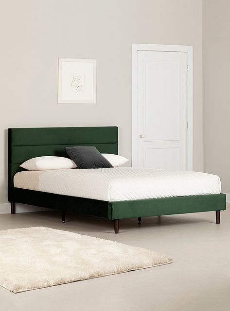 Maliza padded bed frame 2-piece set Suitable for a queen-size mattress | South Shore | | Simons Glamorous Bedroom, Padded Bed, Glamourous Bedroom, Cozy Throw Pillows, Green Bedding, Velvet Bed, Ottoman Bed, Upholstered Bed Frame, Comfortable Bedroom