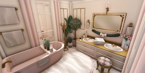 all that i post is built by me in bloxburg #bloxburg #coquette #bloxburgideas #blush credit to whoever for the mirror decal. Wall Decoration Bloxburg, Blush Bathroom Bloxburg, Pink Bathroom Bloxburg, Pink Bloxburg Bedroom Ideas, Coquette Desk Bloxburg, Princess Room Bloxburg, Pink Bloxburg Bathroom, Bloxburg Bedroom Ideas Coquette, Bloxburg Castle Room Ideas