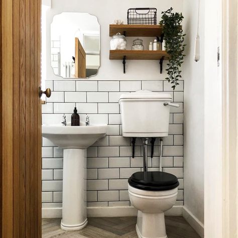 Bathroom tiles are metro style, white tiles with black grout.. White Tiles With Black Grout, Tiles Black Grout, Tiles With Black Grout, White Tiles Black Grout, Studio In Casa, Small Downstairs Toilet, Cloakroom Toilet, Rental Bathroom, Downstairs Cloakroom