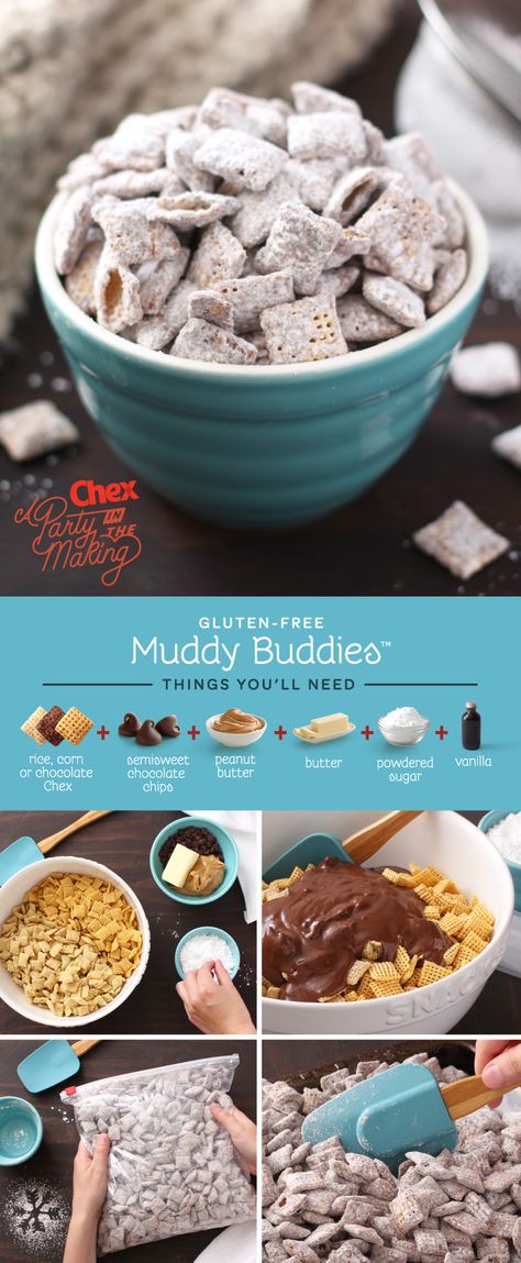 Everyone loves a snow day snack, and there’s no better sweet treat than Homemade Muddy Buddies! Chex, chocolate and peanut butter team up to please a crowd of hungry sledders or shovelers in no time. Chex Mix Recipes, Muddy Buddies, Chex Mix, Yummy Sweets, Snack Mix, Sweets Treats, Free Desserts, Party Snacks, Holiday Baking