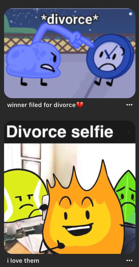 bfdi 
bfb
TPOT
divorce 
funny Divorce Selfie, Hits Different, Object Show, I Love Them So Much, Geek Stuff, I Love, Quick Saves, Art