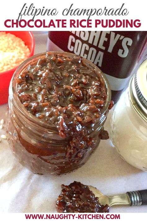 Get your chocolate fixation on with this Filipino Champorado Chocolate Rice Pudding! You’ll think it’s the Breakfast of Champions but made for any time of the day. #naughtykitchen #chocolatericepudding #chocolatepudding #filipinodessert #filipinoricepudding #filipinochamporado #champoradofilipino #champoradorecipe #breakfast Champorado Recipe, Best Rice Pudding Recipe, Chocolate Rice Pudding, Dairy Free Dessert Easy, Chocolate Porridge, Rice Pudding Recipes, Drink Inspiration, Time Of The Day, Chocolate Protein Powder