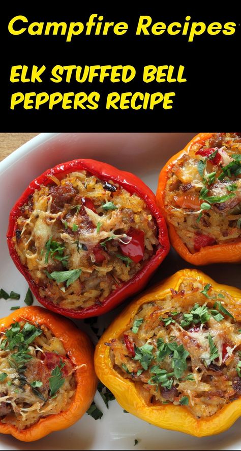 Ground Elk Recipes Easy - Easy Campfire Elk Stuffed Bell Peppers Recipe - The campfire Elk stuffed bell peppers recipe has been a comfort food that is super tasty for a long time. They make for a nutritious and satisfying dinner.  They are perfect for busy weeknights when you need a quick meal. This particular bell pepper recipe closely resembles the one with beef but instead it is made with Elk. Ground Elk Recipes, Bison Burger Recipe, Bell Pepper Recipe, Stuffed Bell Peppers Recipe, Elk Meat, Steak Marinade Easy, Elk Recipes, Green Chile Recipes, Pepper Recipe