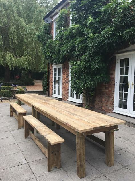 16ft Reclaimed Scaffolding Board Table and Benches very rustic Outdoor Table With Bench, Scaffold Board Table And Bench, Outdoor Scaffold Board Table, River Landscaping, Outdoor Workbench, Scaffold Board Table, Scaffold Table, Cafe Inside, Scaffold Furniture