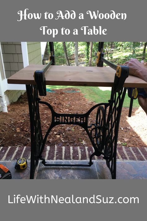 How we built my sewing machine table, which included adding a wood tabletop from reclaimed heart pine flooring. It is beautiful and functional in my craft room. #sewingtable #sewingtableideas #DIY #repurpose #craftroom #table #woodtabletop Tailoring Images, Antique Sewing Machine Table, Old Sewing Machine Table, Sewing Table Repurpose, Singer Sewing Machine Table, Sewing Tables, Pine Flooring, Old Sewing Machine, Sewing Machine Tables