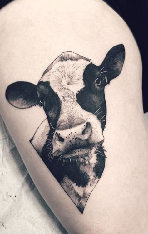 Cow Leg Tattoo, Cow Shoulder Tattoo, Cow Portrait Tattoo, Black And White Cow Tattoo, Cows Tattoo Ideas, Dairy Cow Tattoo Ideas, Cow Tattoo Realistic, Holstein Cow Tattoo, Cow Sleeve Tattoo