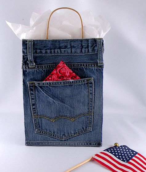 How to Create a Denim Gift Bag Denim Gift Bags, Diy Father’s Day Gift Bag, Diy Fabric Gift Bags, Denim Baby Shower, Handmade Father's Day Gifts, Cowboy Gifts, Saree Wearing, Denim Baby, Dance Festival