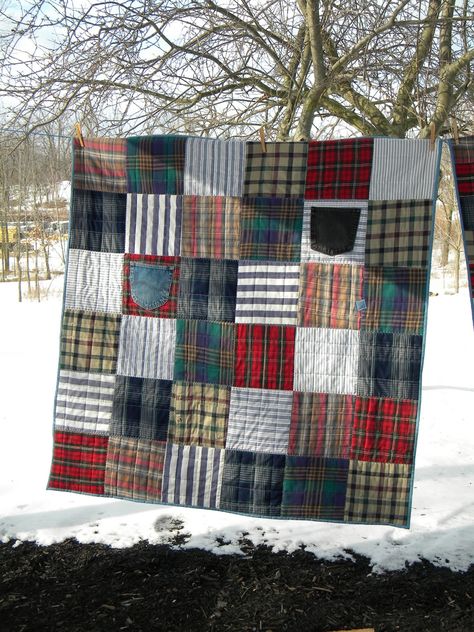 A friend from church asked me to make 2 throw-size quilts using his belated father's shirts and jeans.   These were flannel and cotton shi... Quilt Shirt, Jean Quilt, Memory Blanket, Memory Quilts, Flannel Quilts, Tshirt Quilt, Memory Crafts, Plaid Quilt, Memory Pillows