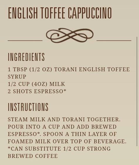 English Toffee Cappuccino Recipe, English Toffee Coffee Recipe, Toffee Coffee Recipe, Ninja Coffee Bar Recipes, Espresso Drink Recipes, French Vanilla Syrup, French Vanilla Cappuccino, Homemade Coffee Drinks, Cappuccino Recipe