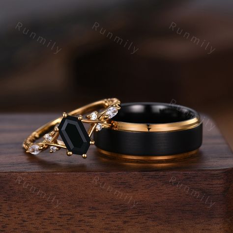 Here we have a Vintage Black onyx Couples Ring Yellow Gold Matching Ring Set His and Hers Wedding Band Promise Ring For Men For Women Natural Black Gem. Moss Agate Ring Set: www.etsy.com/listing/1735933236/vintage-moss-agate-couples-ring-yellow?click_key=20bb454fd03f538422e2ed49dd8afbb93ded48d5%3A1735933236&click_sum=9692b694&ref=shop_home_active_6&pro=1&frs=1 ITEM DESCRIPTION ✦ Handmade, high-quality item! ✦ Material: Sterling Silver/Tungsten ►Sold as a two-piece set ►His ring is Yellow Gold an Golden Wedding Rings Couple, Silver And Gold Wedding Rings Set, Wedding Ring Men And Women Set, Gold And Black Wedding Rings For Men, Matching Rings For Couples Gold, Simple Wedding Sets Rings, Gold Wedding Rings For Couples, Matching Wedding Rings For Couples, Silicone Wedding Band His And Hers