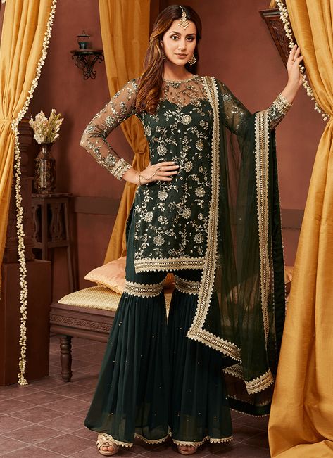 Emerald Green Salwar Kameez, Plajo Suit Designer, Gold Gharara, Garara Dress, Sharara Suit Designs, Gharara Designs, Cloth Designs, डिजाइनर कपड़े, Gharara Suits