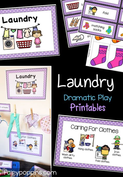 These dramatic play printables are a fun addition to traditional home corner set ups. They include printables to set up a kitchen, nursery, laundry and office. #dramaticplay #pretendplay #roleplay #homecorner #preschool #kindergarten #playprintables Laundry Pretend Play, Family Dramatic Play Preschool, Clothing Dramatic Play Preschool, Clothing Curriculum Preschool, Dramatic Play Preschool Ideas, Laundry Dramatic Play, Home Dramatic Play, Laundry Printables, Dramatic Play Ideas