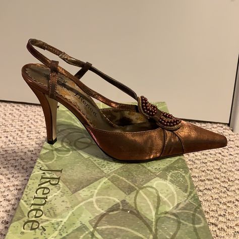 J.Renee Arden Bronze Sling-Back Heels. New In Box. Never Worn. Non Smoking Home. Approx 4” Heel. The Fabrics Is A Bit Iridescent So The Bronze Picks Up The Light. Very Classy Looking! Sling Back, Slingback Heel, Heels, Women Shopping, Fabric, Color