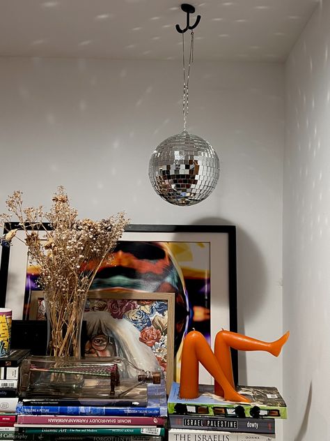 Disco Apartment Aesthetic, Disco Ball In Bedroom, Disco Bedroom Aesthetic, Disco Ball Bedroom, Living Room Hammock, Disco Bedroom, Disco Room, Room Hammock, Bookshelf Bedroom