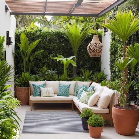 Tropical Terrace, House With Plants, Tiles House, Roof Terrace Design, Balinese Garden, Small Patio Design, Courtyard Landscaping, Small Garden Landscape, Backyard Layout