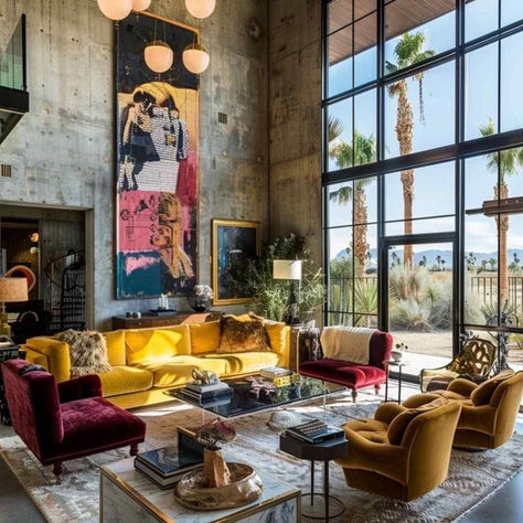 68 Living Spaces Infused with Industrial-Glam Boldness Industrial With Color, Funky Industrial Interior Design, Industrial Pop Art Interior, Maximalist Industrial Decor, Neo Industrial Interior, Colorful Industrial Interior, Industrial Glam Living Room, Exposed Brick Walls Living Room, Urban Eclectic Decor