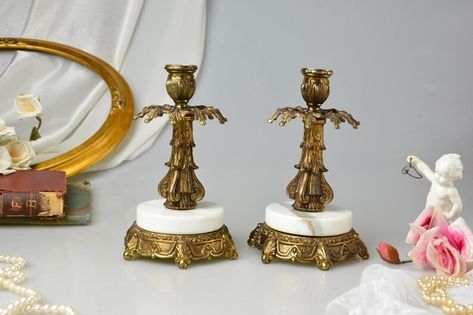 Set of 2 Ornate Metal Cornell Candle Holders Italian Marble Base Hollywood Regency Candlestick Holders French Chic Home Decor Baroque Style - Etsy French Chic Home, Romantic Homes, Baroque Style, Italian Marble, French Chic, Chic Home Decor, Baroque Fashion, Chic Home, Hollywood Regency