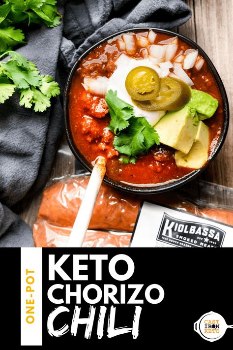 This Keto Chorizo Chili is made in a cast iron Dutch oven for ultimate flavor. Made with Kiolbassa Chorizo, ground beef, veggies, and spices it's as simple as it is tasty. The perfect easy low-carb and gluten-free dinner recipe! Keto Chorizo, Keto Chilli, Chorizo Chili, Boiled Egg Diet Plan, Starting Keto Diet, Low Carb Diets, Keto Soup, Breakfast Meal, Perfect Dinner