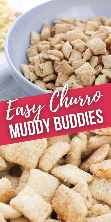 Sweet Churro Chex Mix Party Snack, Churro Muddy Buddies Recipe, Cinnamon Muddy Buddies, Easy Sugary Snacks, Easy Churro Dessert Recipes, Easy Churro Dessert, Churro Chex Mix Easy, Easy Churro Bites, Easy Recipes When You Have No Food