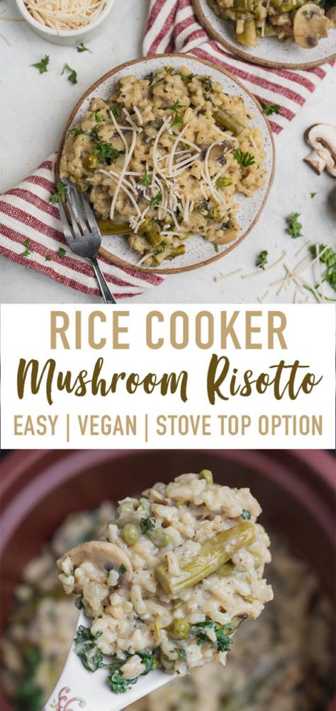 A quick and easy mushroom risotto that can be made in minutes in a rice cooker! Rice Cooker Pasta, Back To School Lunches, Quick Rice, Vegan Risotto, Rice On The Stove, Rice Cooker Recipes, Vegan Rice, Risotto Rice, Mushroom Risotto