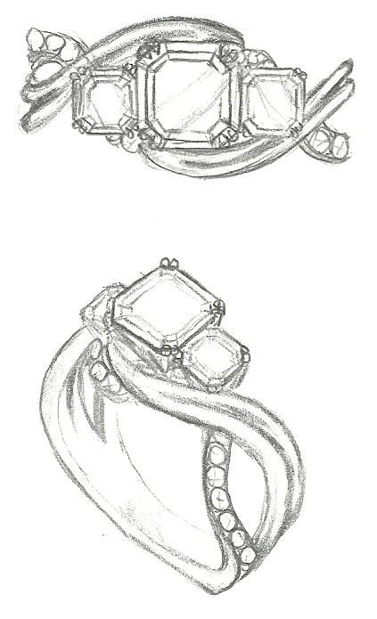 Mark Schneider Design - Enchantment engagement ring sketch customized for 3 asscher cut diamonds Accessories Design Sketch, Ring Sketch, Pencil Drawing Ideas, Jewel Drawing, Jewelry Rendering, Art Jewelry Design, Jewellery Design Sketches, Jewelry Illustration, Jewelry Design Drawing