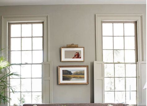 Farrow & Ball "Light Gray" on walls, Farrow & Ball "Mouse's Back" on trim/fireplace mantel. Olivia Brock. Mouses Back Farrow And Ball, Farrow And Ball Light Grey, Trim Fireplace, Porch Mudroom, Grey Window Frames, Grey Windows, Arabescato Marble, Farrow And Ball, French Grey