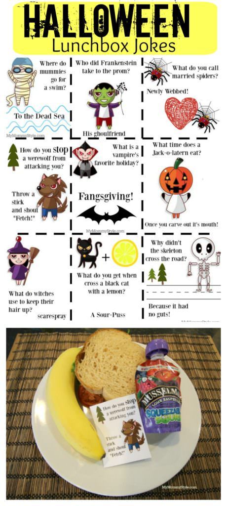 halloween-lunch-box-jokes-free-halloween-printables-halloween-jokes-for-kids My Mommy Style Hollowed Crafts, Halloween Lunchbox Jokes, Halloween Kids Costumes, Lunch Jokes, Halloween Costume Ideas For Kids, Costume Ideas For Kids, Halloween Lunch Box, Halloween Lunch, Lunchbox Jokes