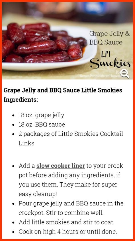 Crockpot Grape Jelly & BBQ Sauce Li'l Smokies Appetizers Grape Jelly Bbq Sauce, Smokies Appetizers, Appetizers Crockpot, Rv Snacks, Lil Smokies Recipes, Crockpot Dip, Little Smokies Recipes, Friendsmas Party, Easy Finger Food